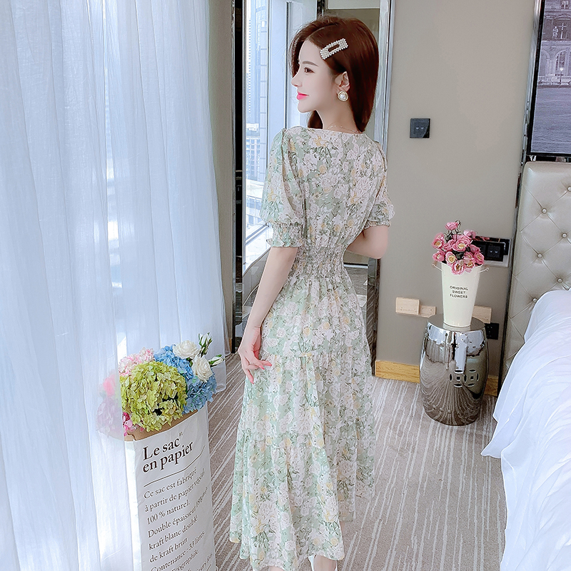 Summer France style puff sleeve long dress for women