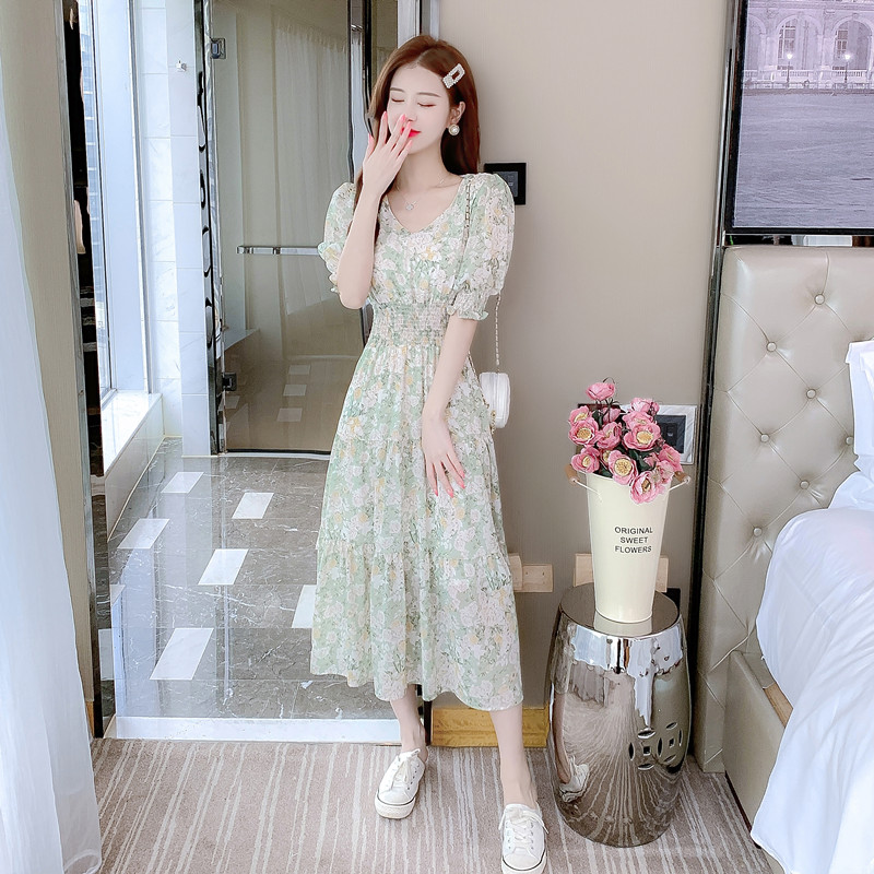 Summer France style puff sleeve long dress for women