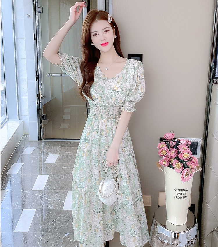 Summer France style puff sleeve long dress for women
