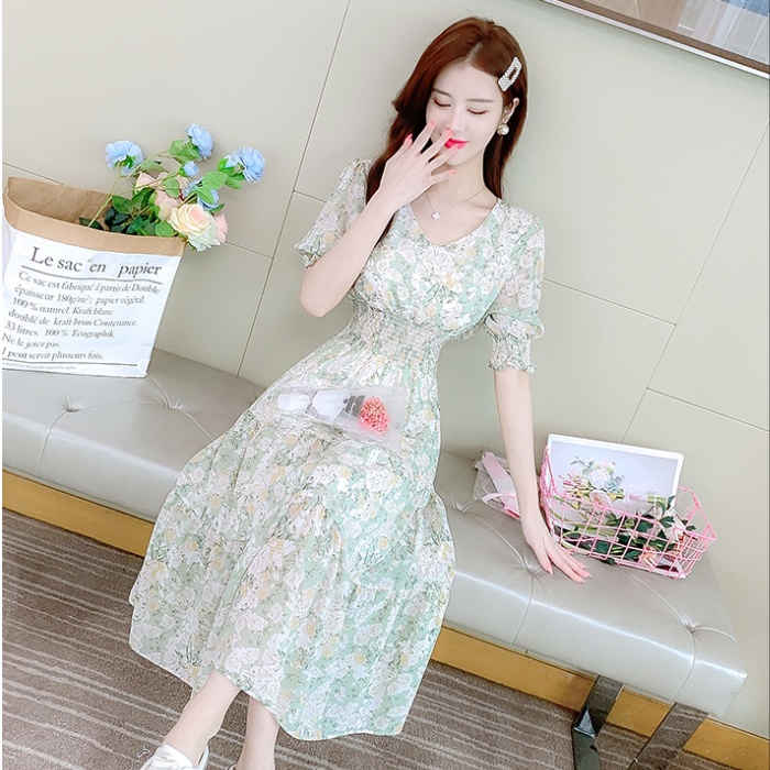 Summer France style puff sleeve long dress for women