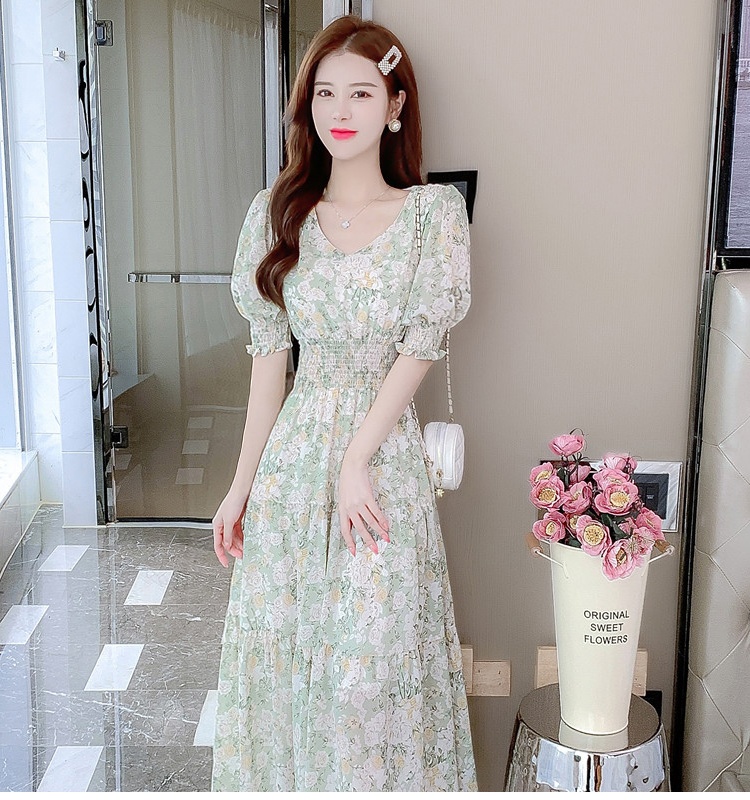 Summer France style puff sleeve long dress for women