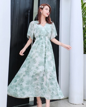 Lotus sleeve slim long dress printing retro dress for women