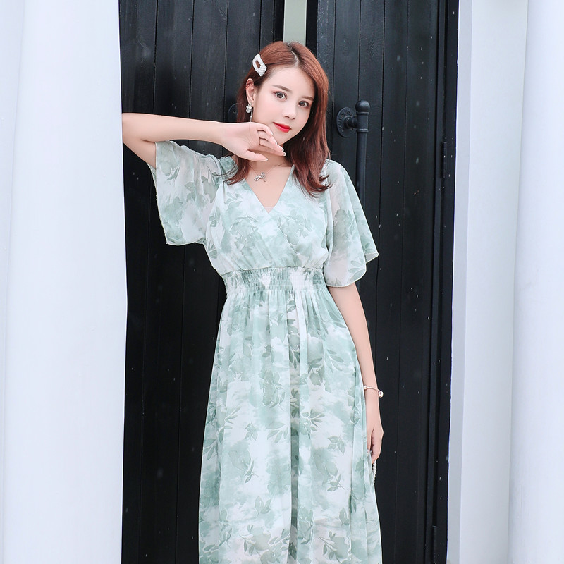 Lotus sleeve slim long dress printing retro dress for women