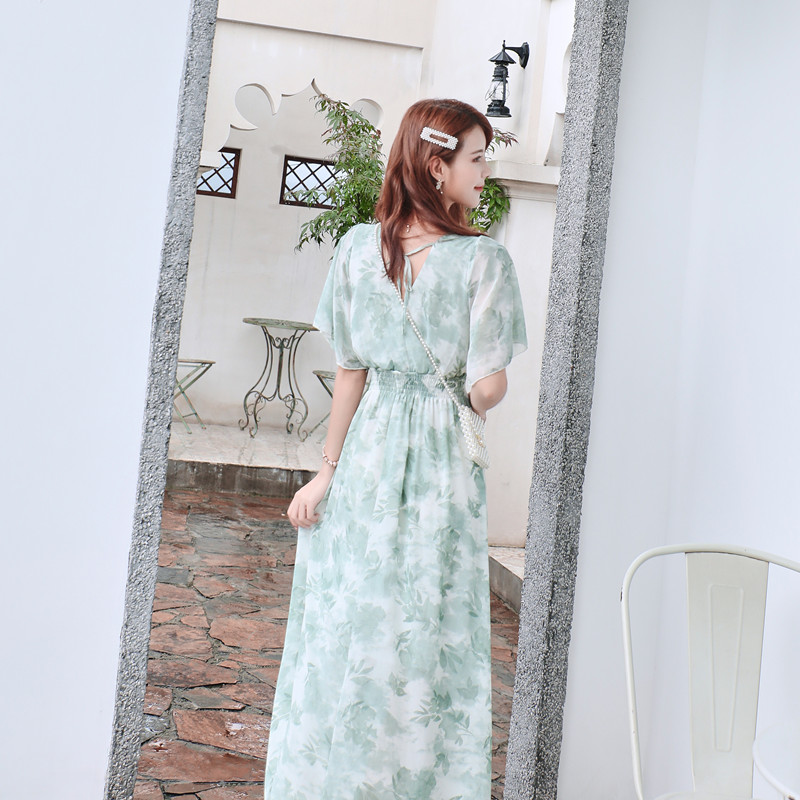 Lotus sleeve slim long dress printing retro dress for women