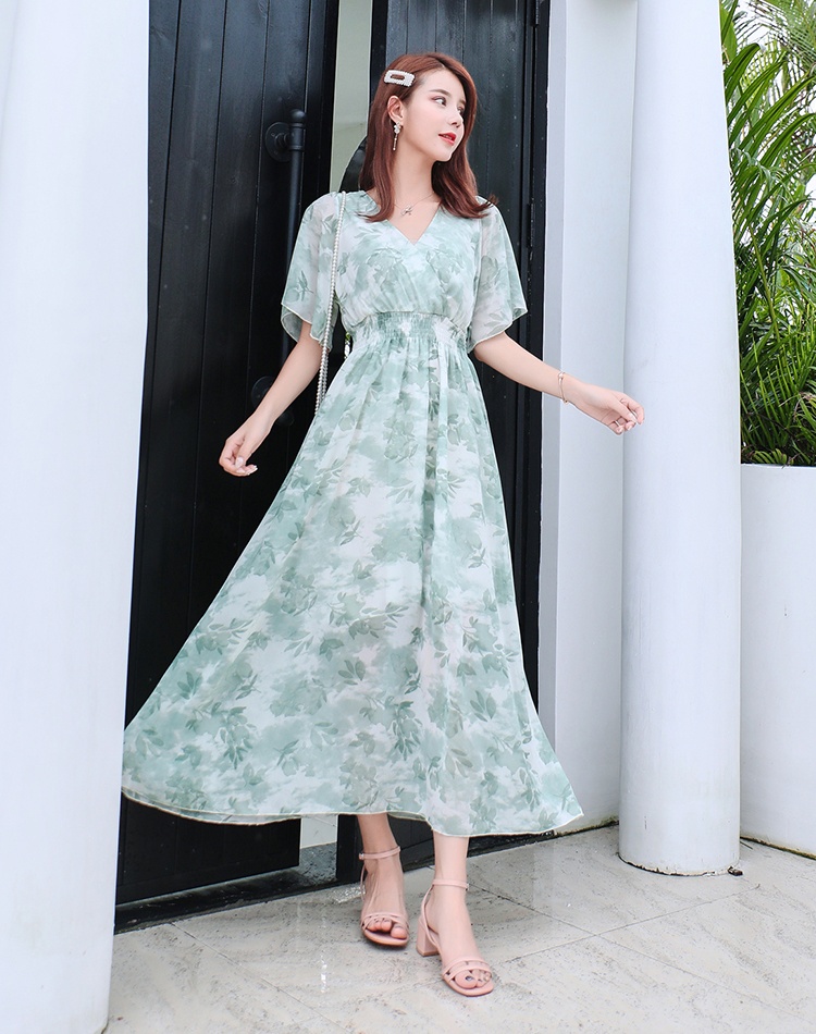 Lotus sleeve slim long dress printing retro dress for women