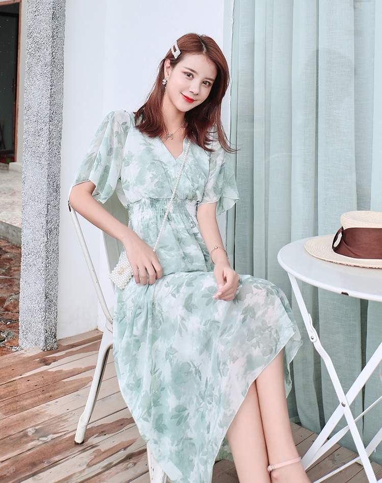 Lotus sleeve slim long dress printing retro dress for women