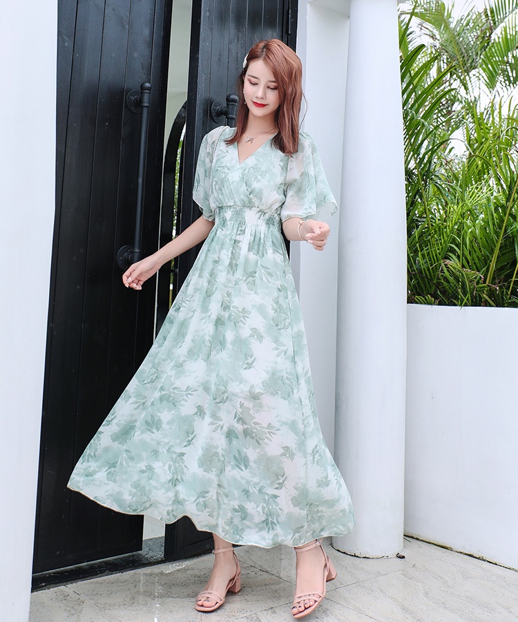 Lotus sleeve slim long dress printing retro dress for women