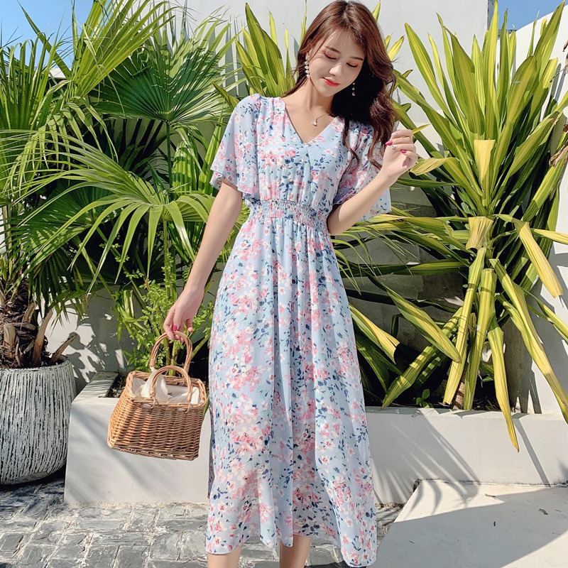 Commuting slim France style vacation lotus leaf edges dress