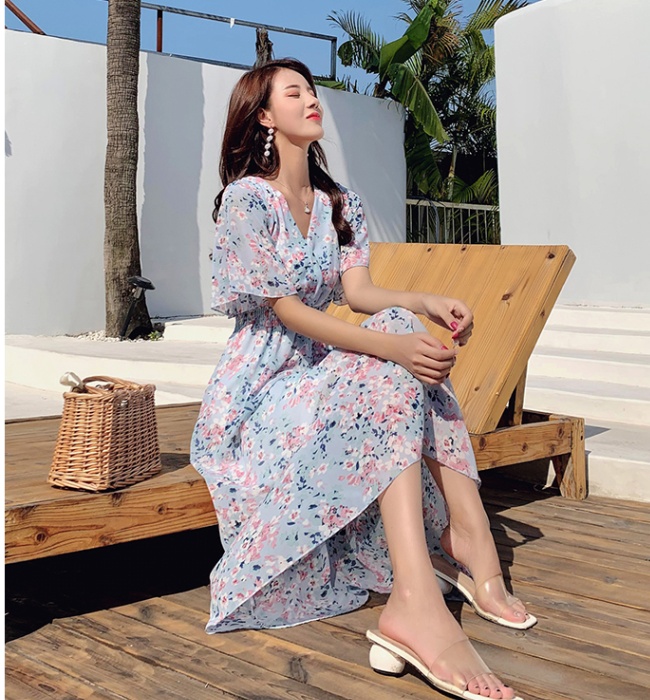 Commuting slim France style vacation lotus leaf edges dress