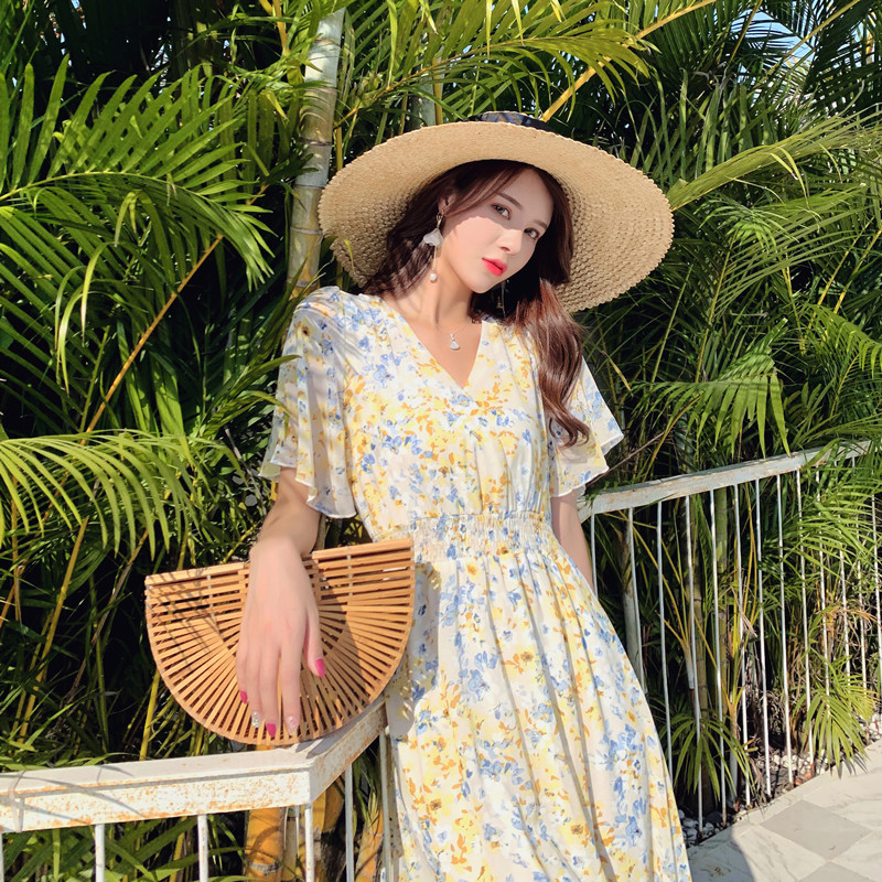 Commuting slim France style vacation lotus leaf edges dress
