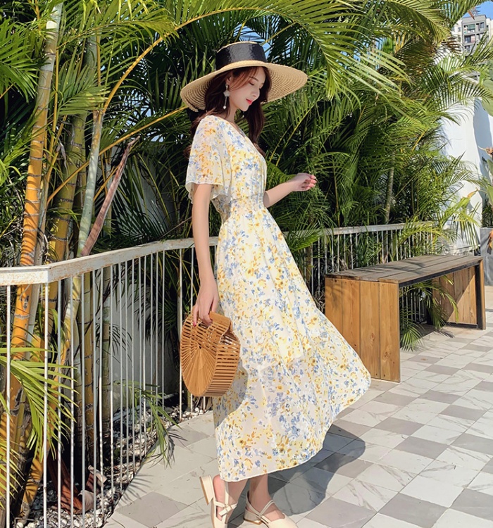 Commuting slim France style vacation lotus leaf edges dress