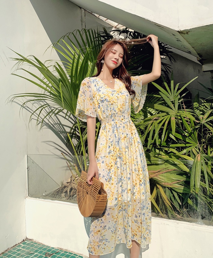 Commuting slim France style vacation lotus leaf edges dress