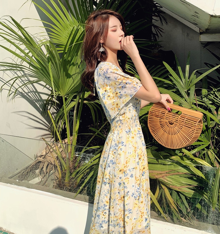Commuting slim France style vacation lotus leaf edges dress