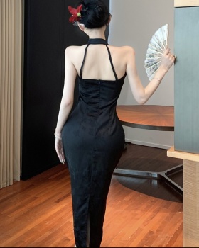 Jacquard black halter dress sexy Chinese style cheongsam