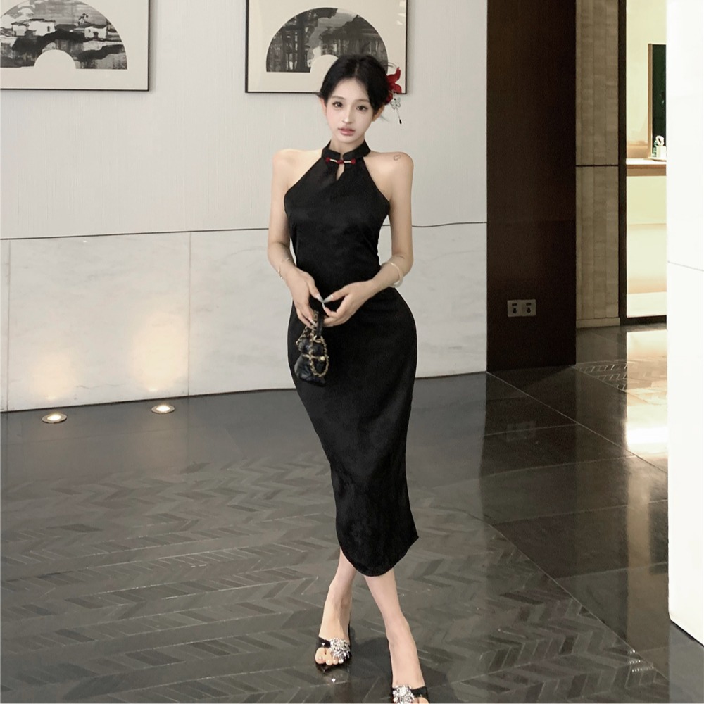 Jacquard black halter dress sexy Chinese style cheongsam