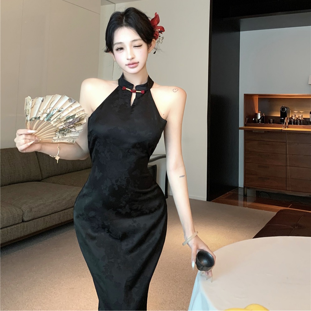 Jacquard black halter dress sexy Chinese style cheongsam