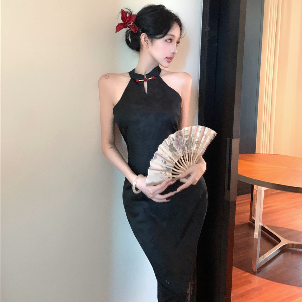 Jacquard black halter dress sexy Chinese style cheongsam