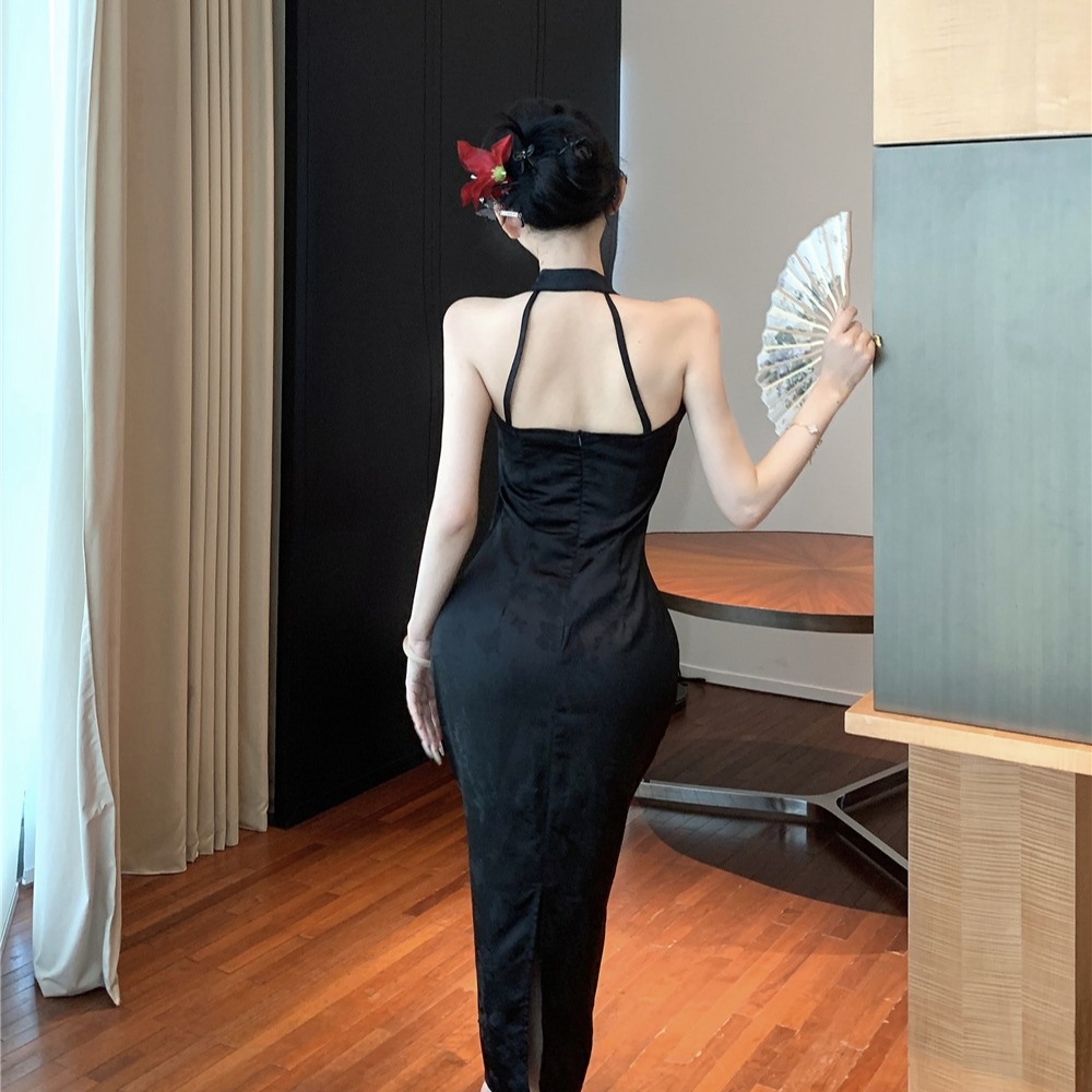 Jacquard black halter dress sexy Chinese style cheongsam