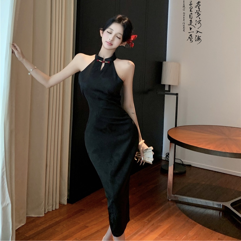 Jacquard black halter dress sexy Chinese style cheongsam