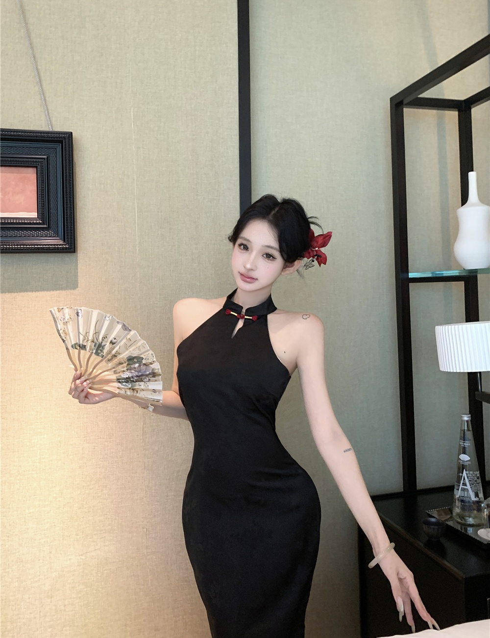 Jacquard black halter dress sexy Chinese style cheongsam