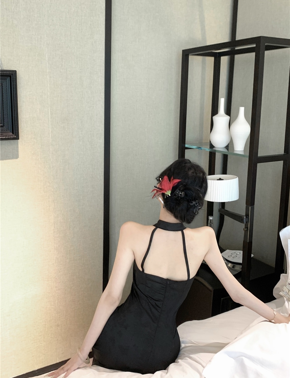 Jacquard black halter dress sexy Chinese style cheongsam