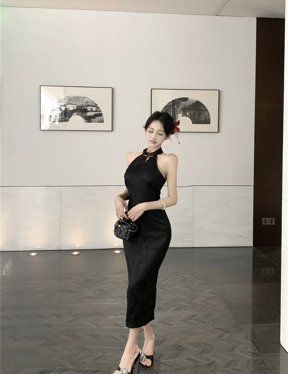 Jacquard black halter dress sexy Chinese style cheongsam