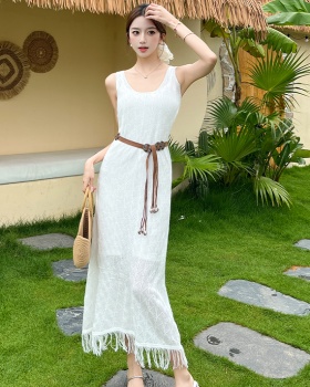 Hollow knitted dress tassels long dress 2pcs set