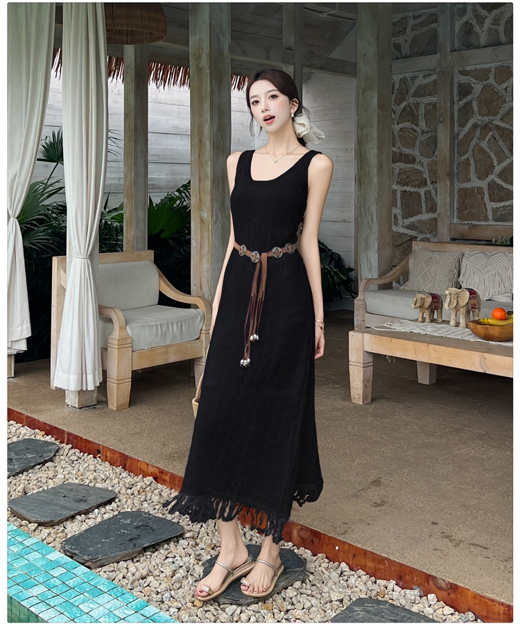 Hollow knitted dress tassels long dress 2pcs set