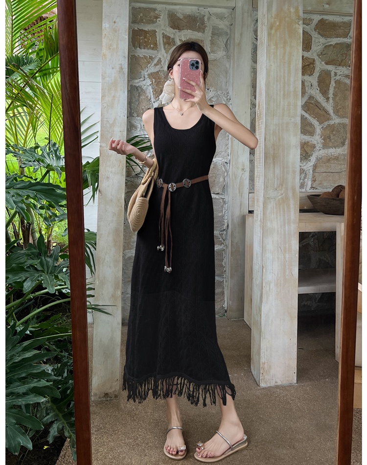 Hollow knitted dress tassels long dress 2pcs set