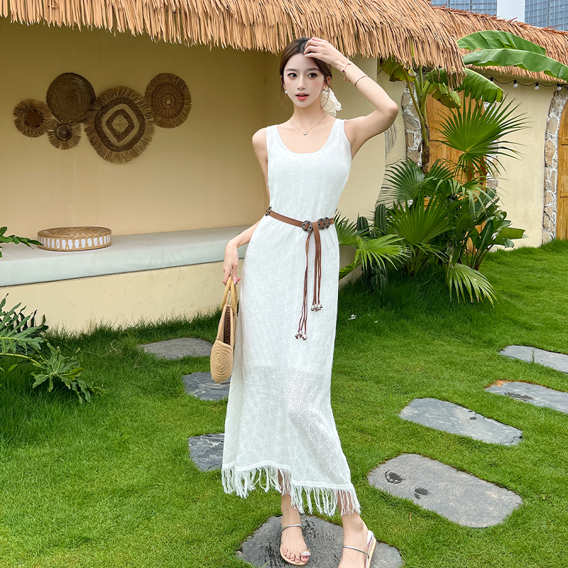Hollow knitted dress tassels long dress 2pcs set