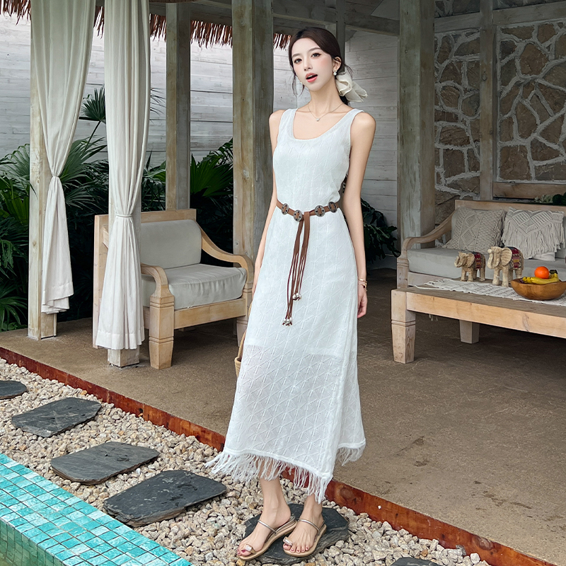 Hollow knitted dress tassels long dress 2pcs set