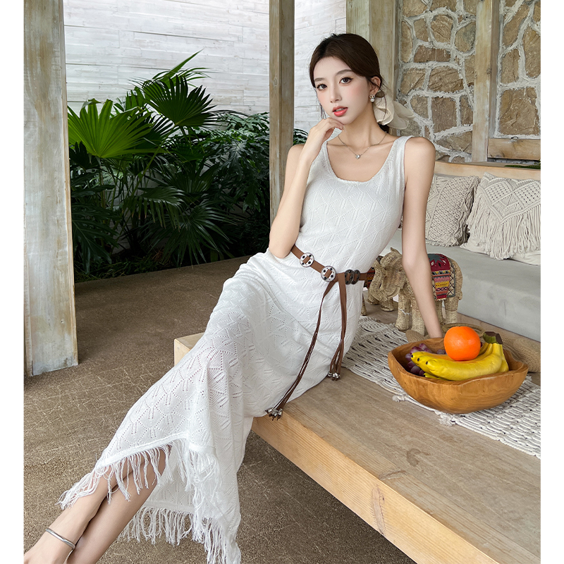 Hollow knitted dress tassels long dress 2pcs set