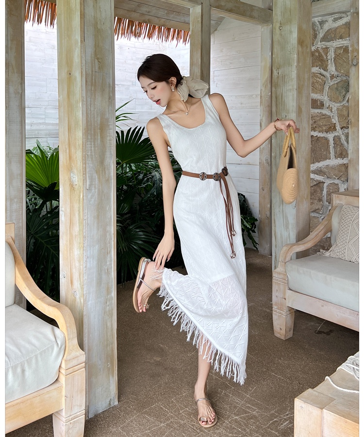 Hollow knitted dress tassels long dress 2pcs set