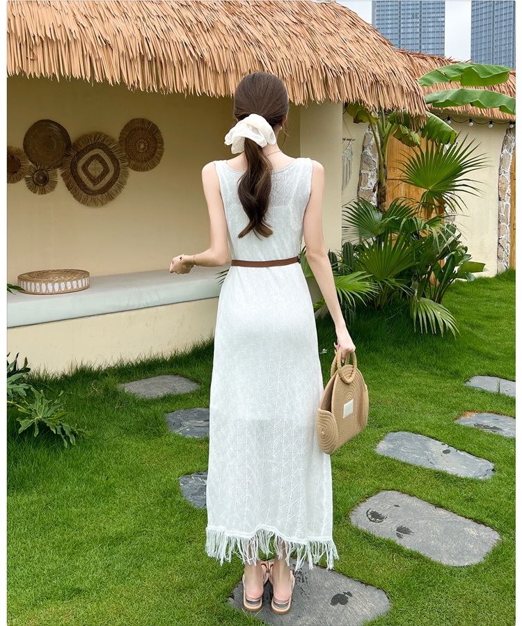 Hollow knitted dress tassels long dress 2pcs set