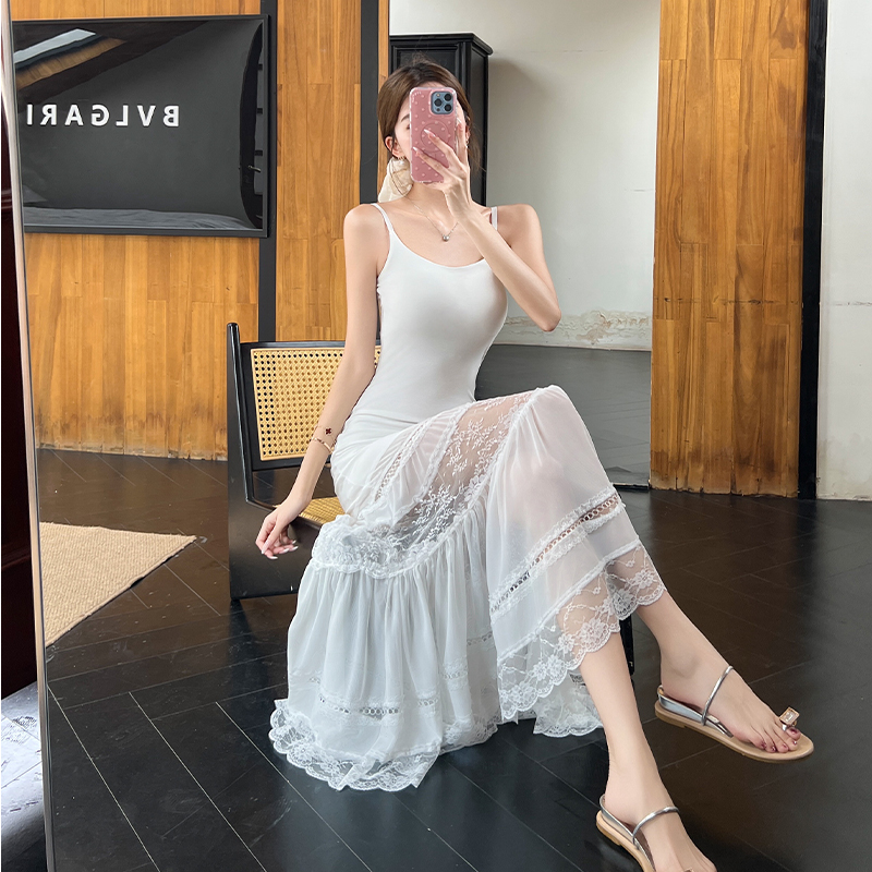 France style gauze sling dress white lace long dress