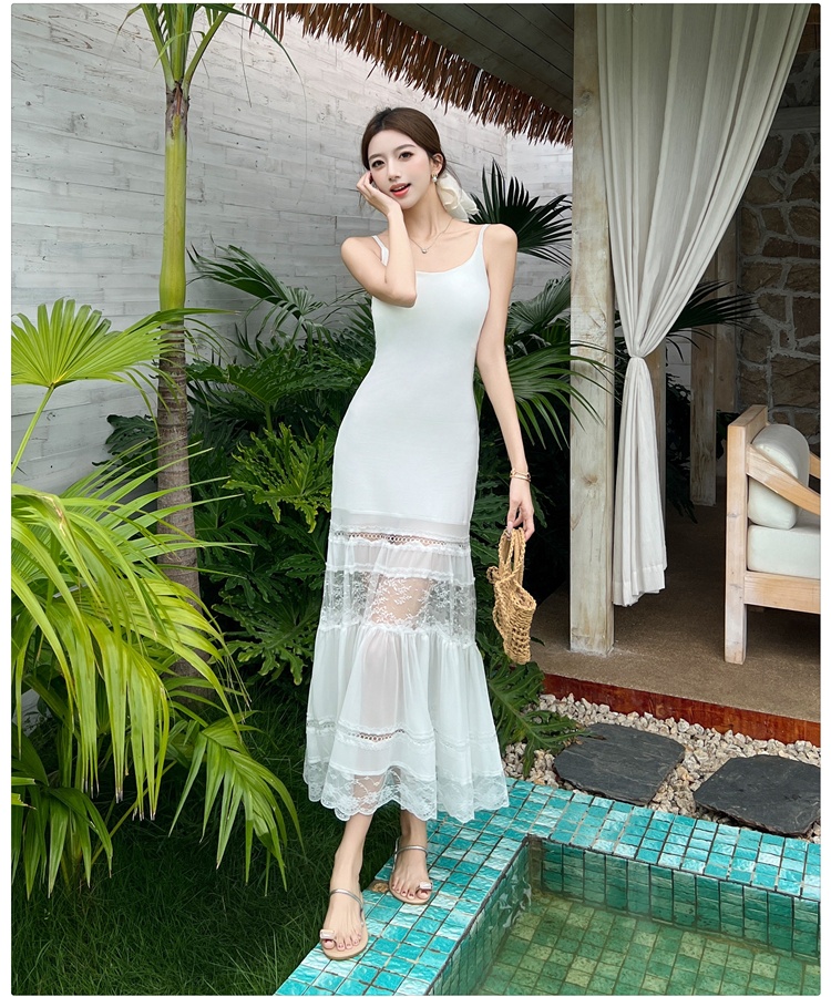 France style gauze sling dress white lace long dress