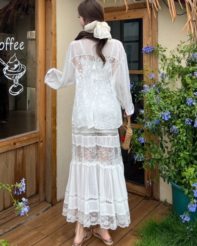 Sling white gauze shirt enticement lace dress 2pcs set