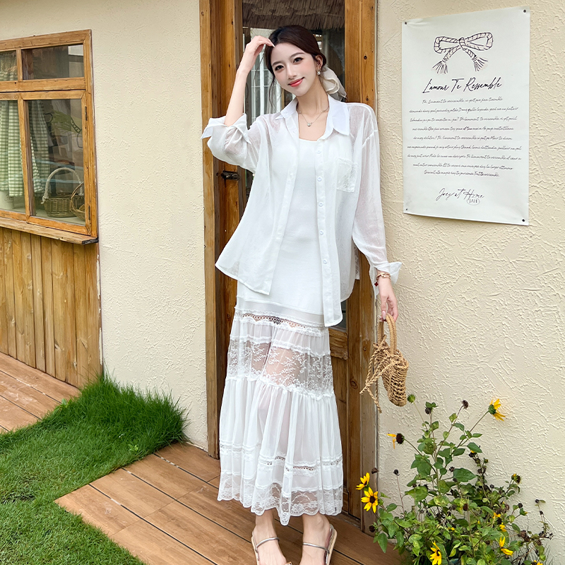 Sling white gauze shirt enticement lace dress 2pcs set