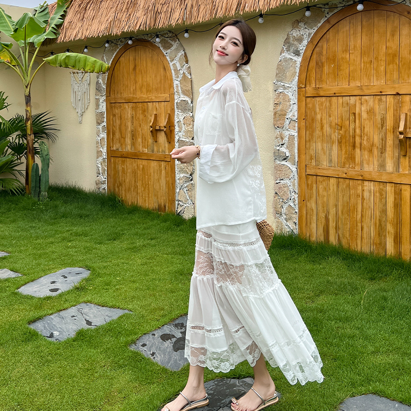 Sling white gauze shirt enticement lace dress 2pcs set