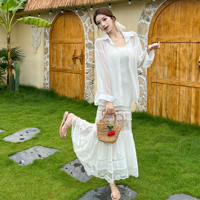 Sling white gauze shirt enticement lace dress 2pcs set