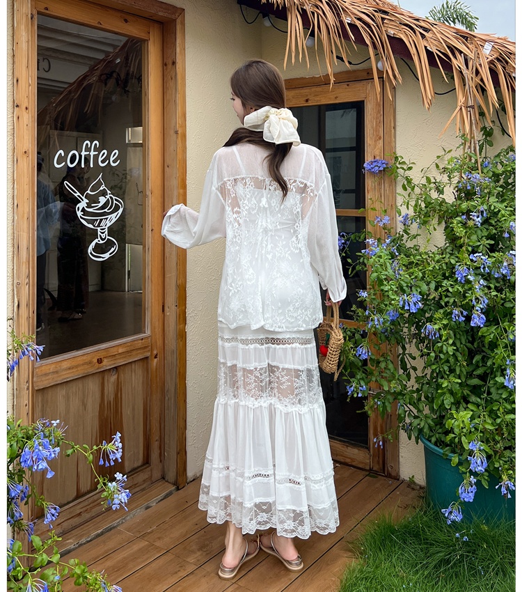 Sling white gauze shirt enticement lace dress 2pcs set