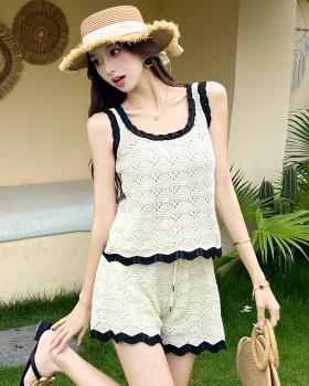 Tender crochet sling vest knitted summer shorts 2pcs set