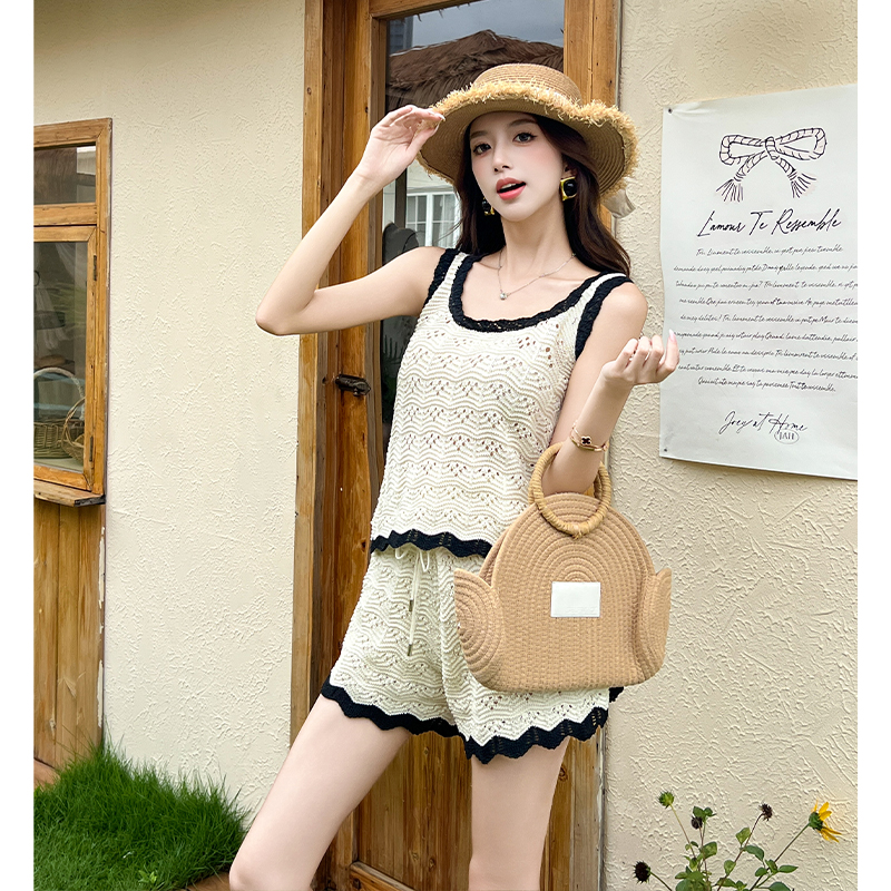 Tender crochet sling vest knitted summer shorts 2pcs set