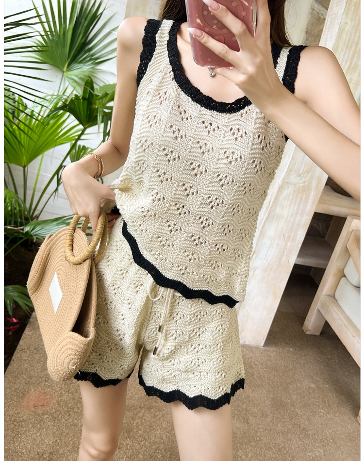 Tender crochet sling vest knitted summer shorts 2pcs set