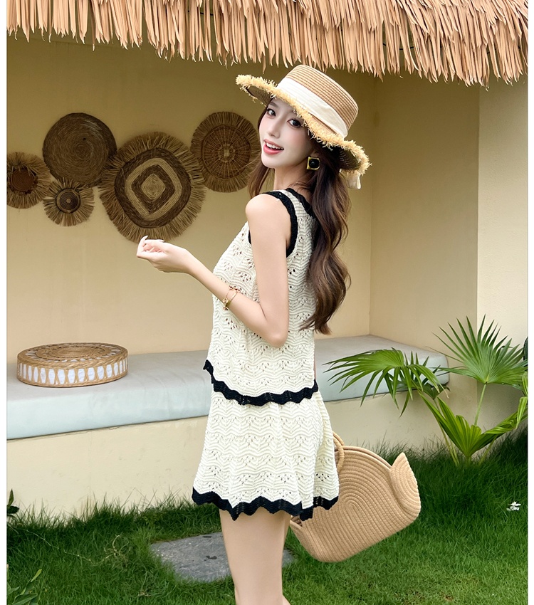 Tender crochet sling vest knitted summer shorts 2pcs set