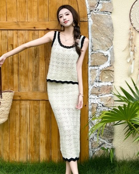 Knitted hollow sleeveless long skirt vacation crochet vest a set