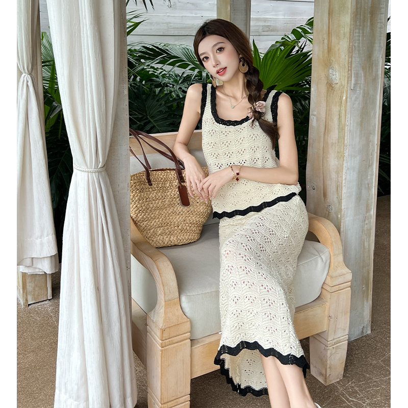 Knitted hollow sleeveless long skirt vacation crochet vest a set