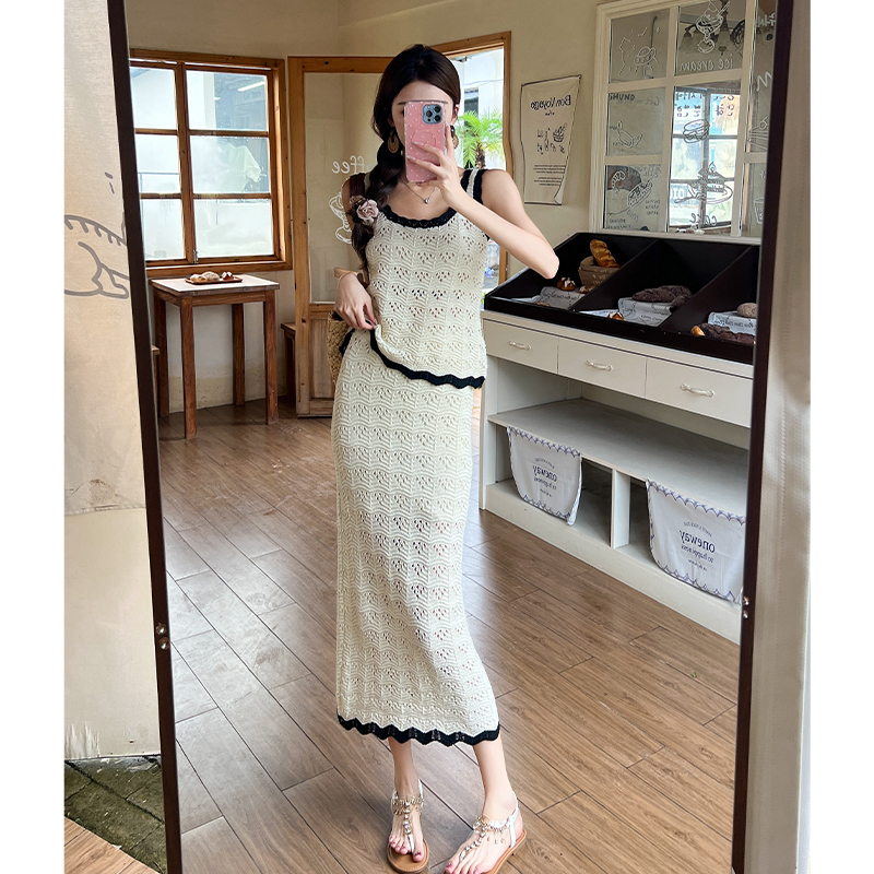 Knitted hollow sleeveless long skirt vacation crochet vest a set