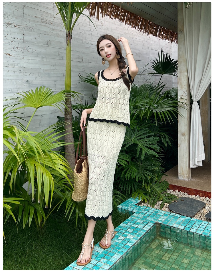 Knitted hollow sleeveless long skirt vacation crochet vest a set