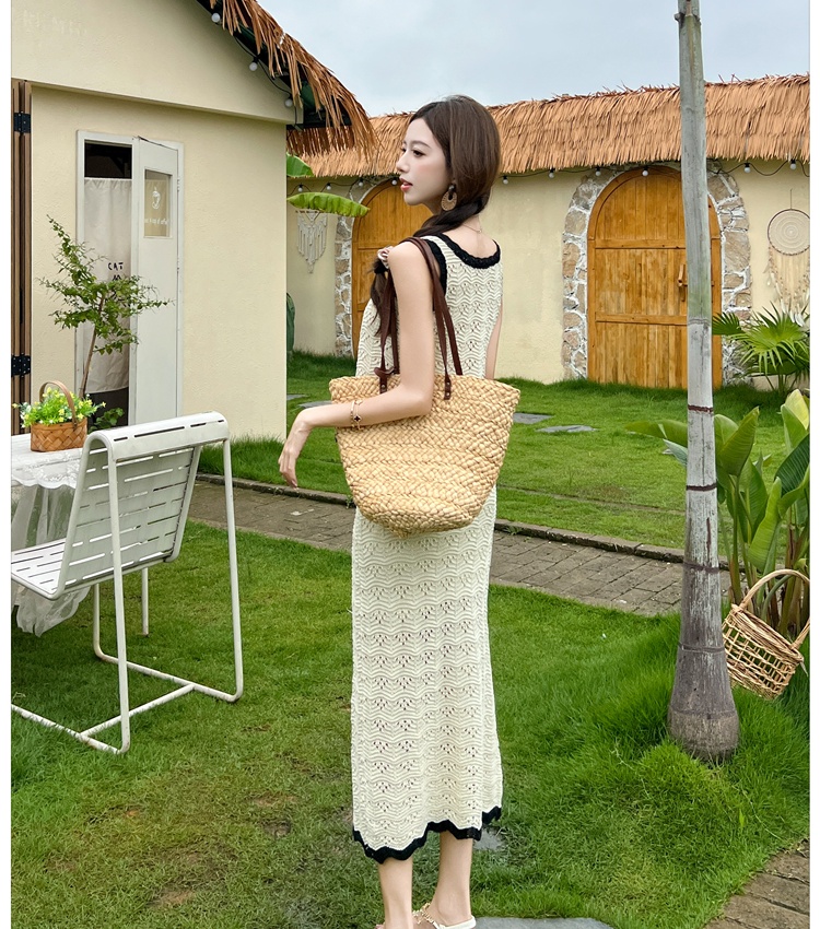 Knitted hollow sleeveless long skirt vacation crochet vest a set